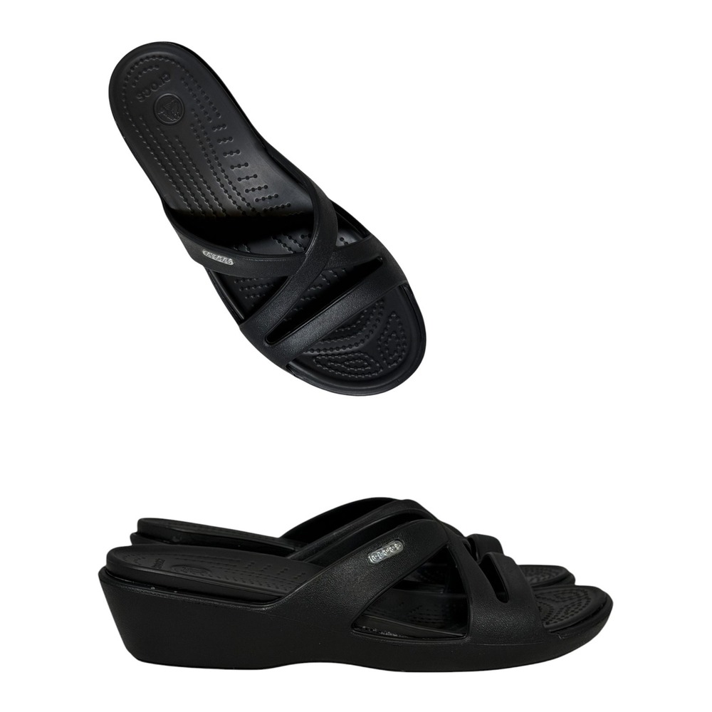 Crocs Rhonda Twist Black Wedge Sandals Women's 8 Slip On Comfort Slides